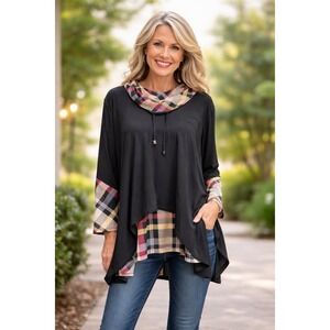 Ali Miles Tunic Top‎ Women XL  Plaid Cowl Neck Flowy Preppy Classic Academia